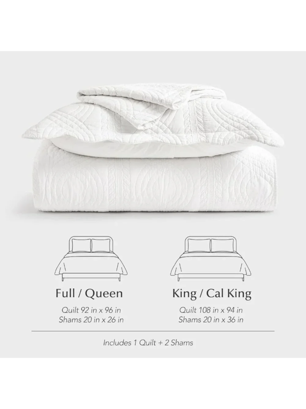 Queen Size 100% Cotton Scalloped Quilt Set - Bright White Bedding for Cozy